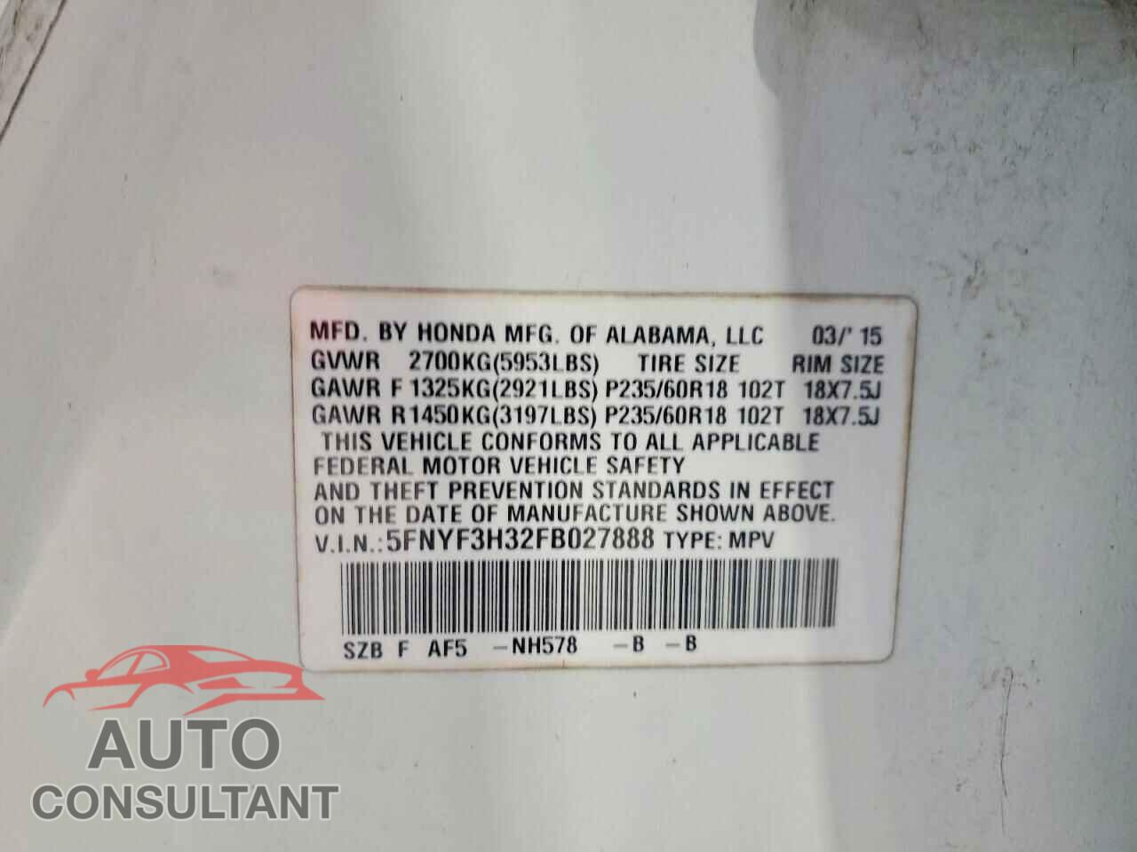 HONDA PILOT 2015 - 5FNYF3H32FB027888