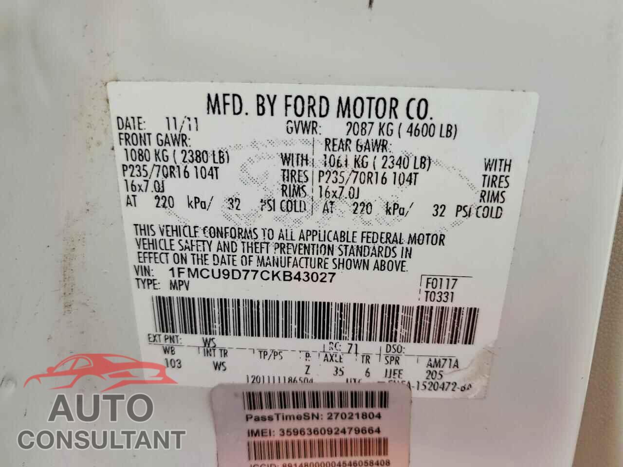 FORD ESCAPE 2012 - 1FMCU9D77CKB43027