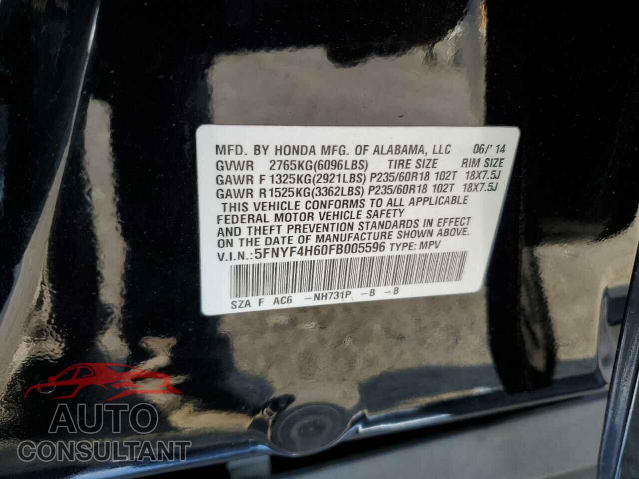 HONDA PILOT 2015 - 5FNYF4H60FB005596