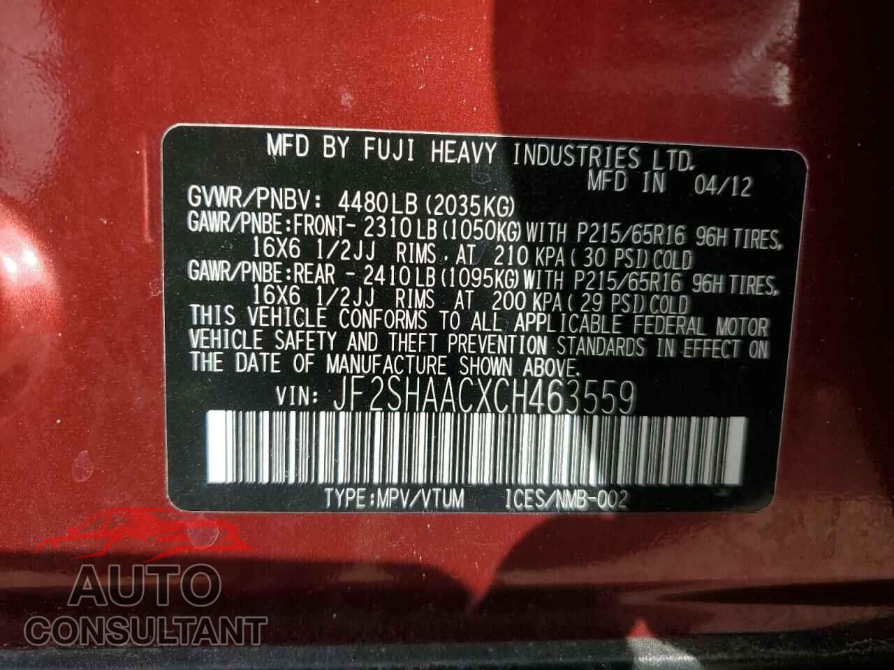 SUBARU FORESTER 2012 - JF2SHAACXCH463559