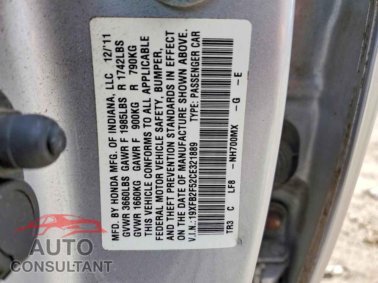 HONDA CIVIC 2012 - 19XFB2F52CE321889