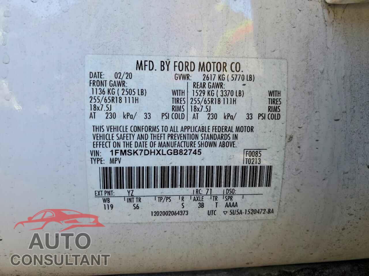 FORD EXPLORER 2020 - 1FMSK7DHXLGB82745