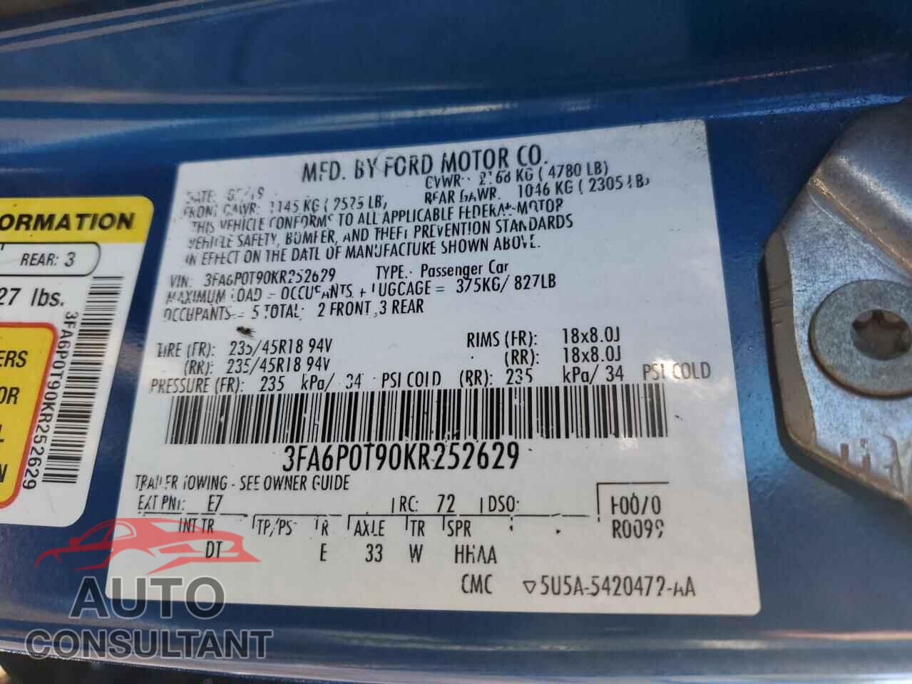 FORD FUSION 2019 - 3FA6P0T90KR252629