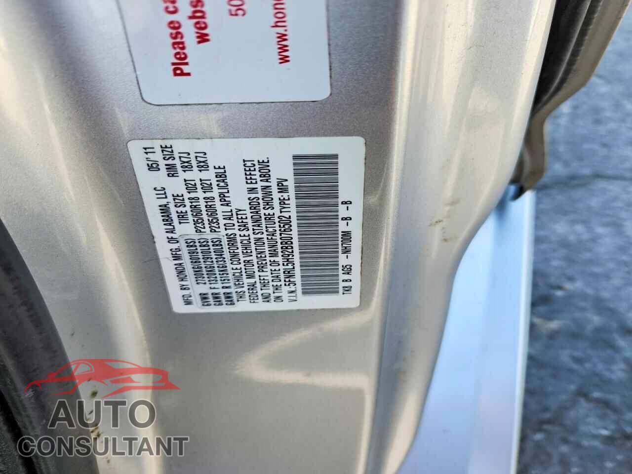HONDA ODYSSEY 2011 - 5FNRL5H92BB076502