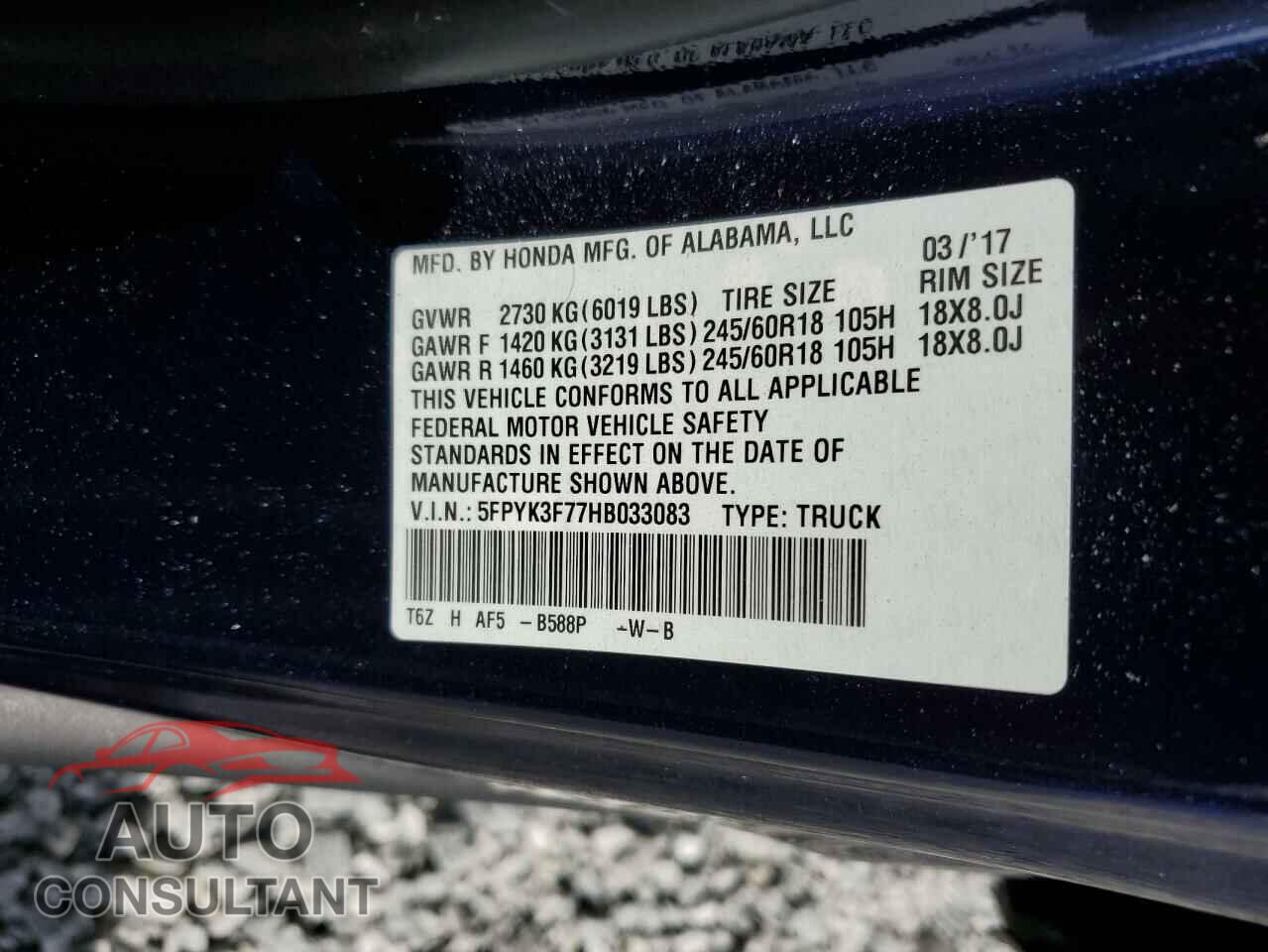 HONDA RIDGELINE 2017 - 5FPYK3F77HB033083