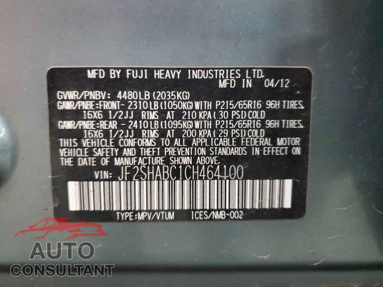 SUBARU FORESTER 2012 - JF2SHABC1CH464100