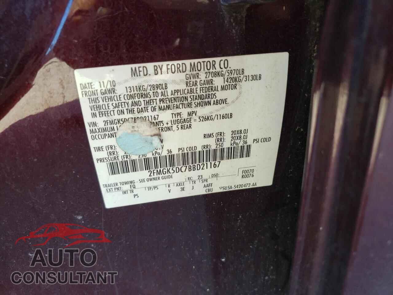 FORD FLEX 2011 - 2FMGK5DC7BBD21167