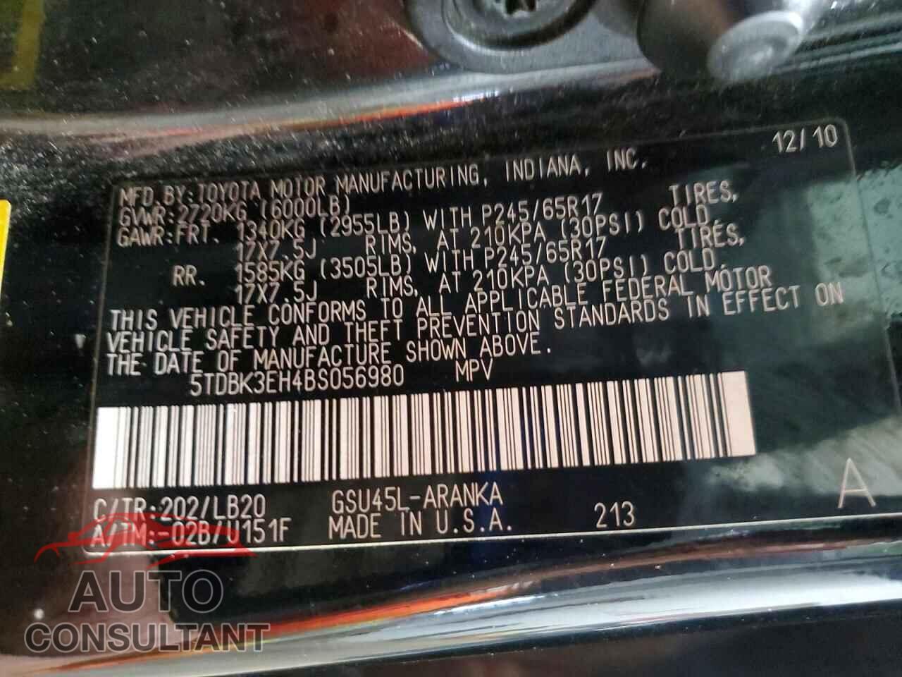 TOYOTA HIGHLANDER 2011 - 5TDBK3EH4BS056980