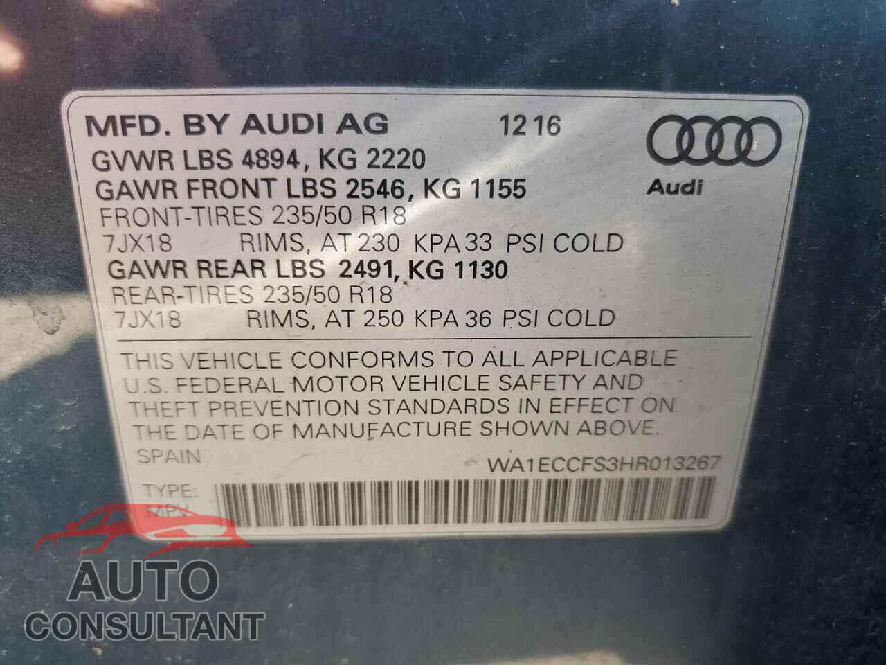 AUDI Q3 2017 - WA1ECCFS3HR013267
