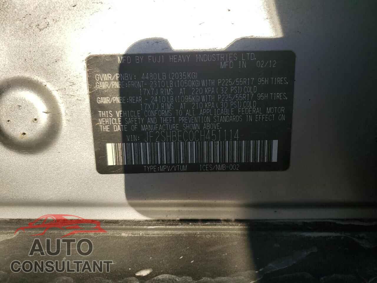 SUBARU FORESTER 2012 - JF2SHBEC0CH451114