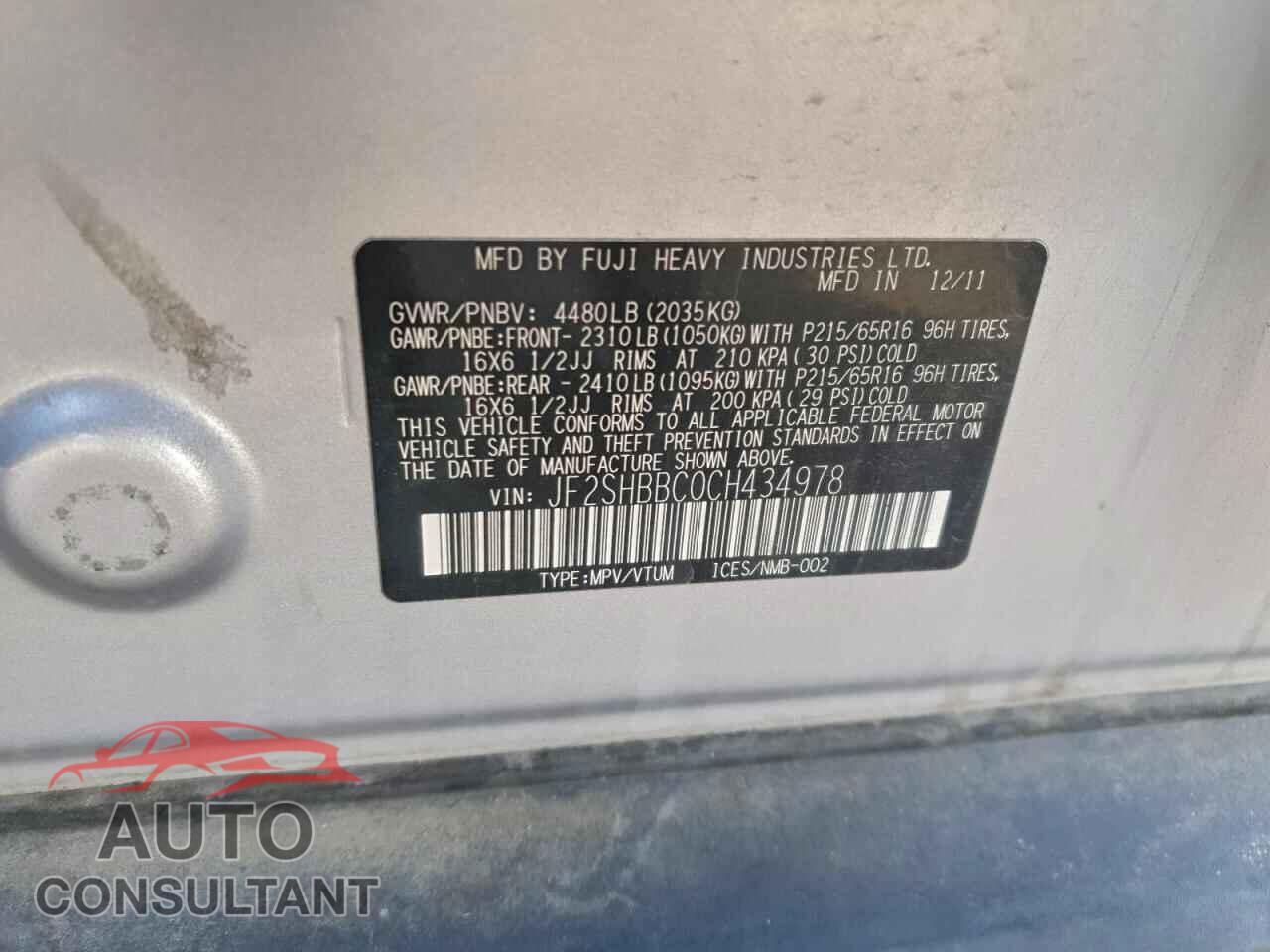 SUBARU FORESTER 2012 - JF2SHBBC0CH434978