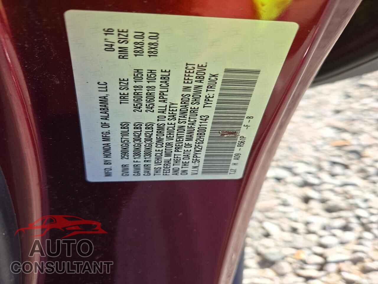 HONDA RIDGELINE 2017 - 5FPYK2F62HB001143