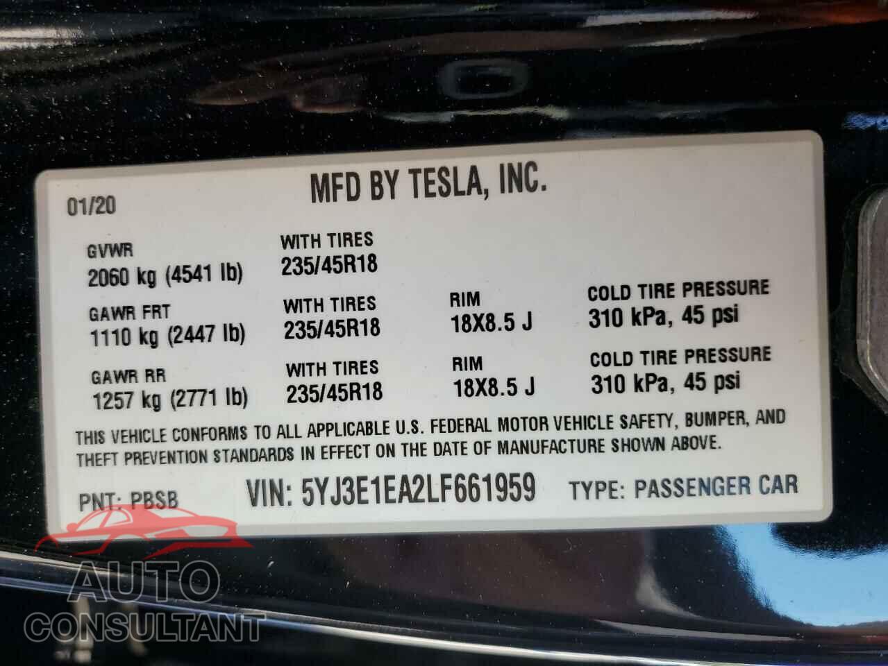 TESLA MODEL 3 2020 - 5YJ3E1EA2LF661959