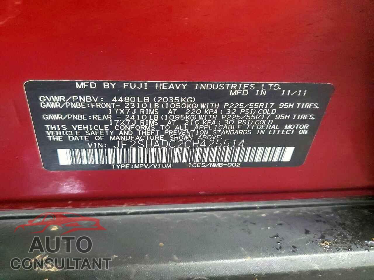 SUBARU FORESTER 2012 - JF2SHADC2CH425514