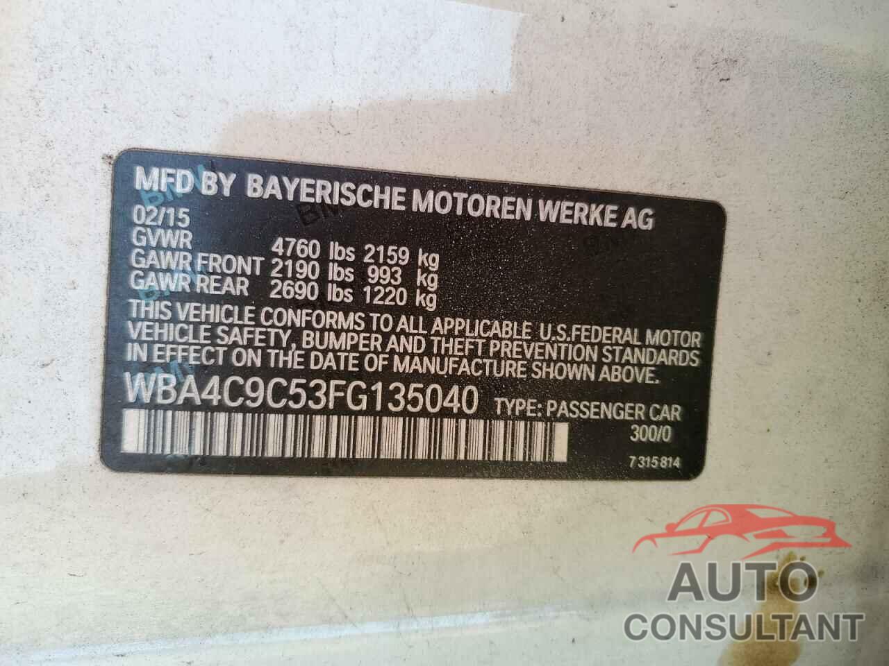 BMW 4 SERIES 2015 - WBA4C9C53FG135040