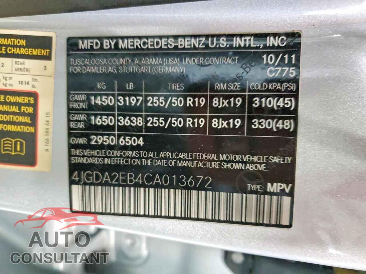 MERCEDES-BENZ M-CLASS 2012 - 4JGDA2EB4CA013672