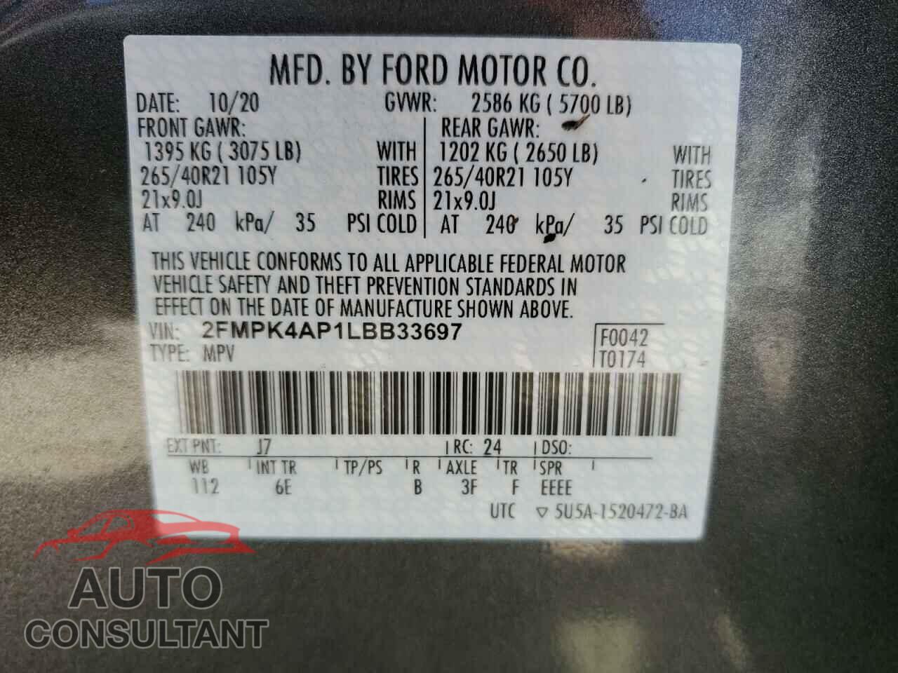FORD EDGE 2020 - 2FMPK4AP1LBB33697