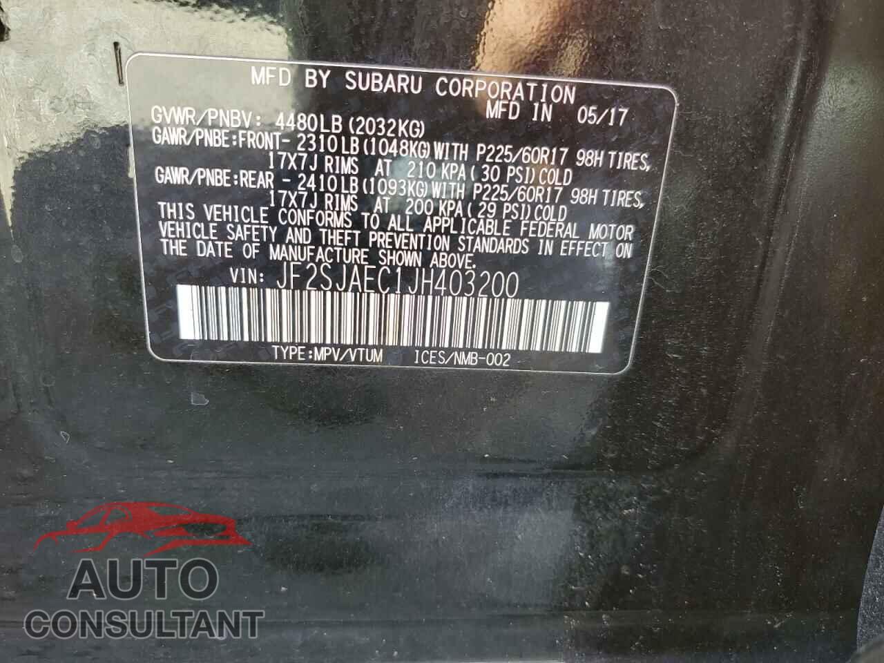 SUBARU FORESTER 2018 - JF2SJAEC1JH403200