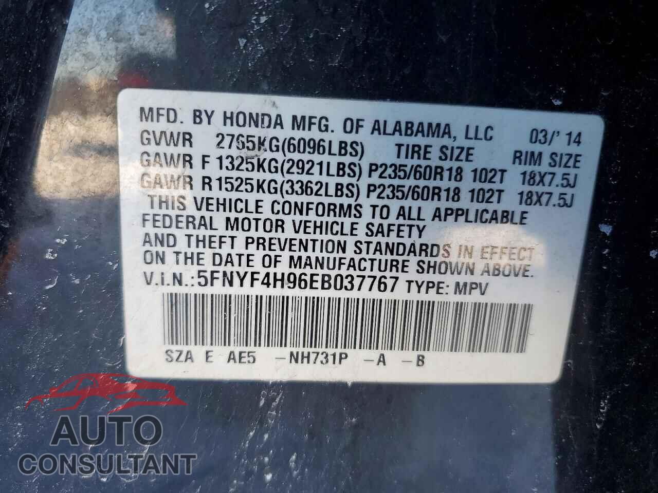 HONDA PILOT 2014 - 5FNYF4H96EB037767