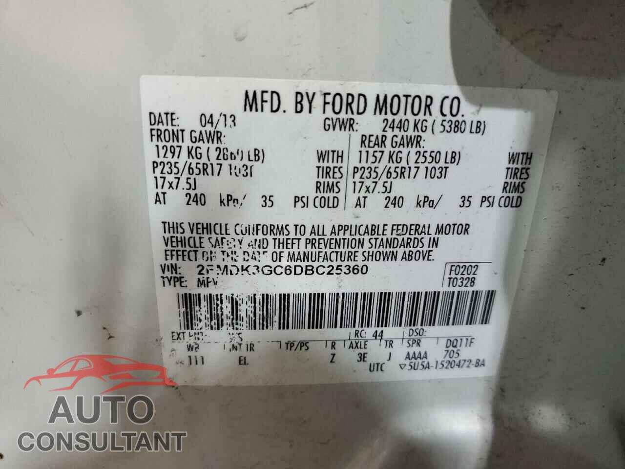 FORD EDGE 2013 - 2FMDK3GC6DBC25360
