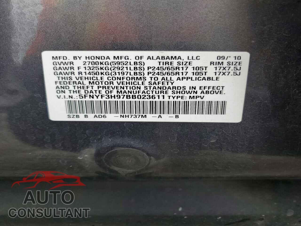 HONDA PILOT 2011 - 5FNYF3H97BB023611