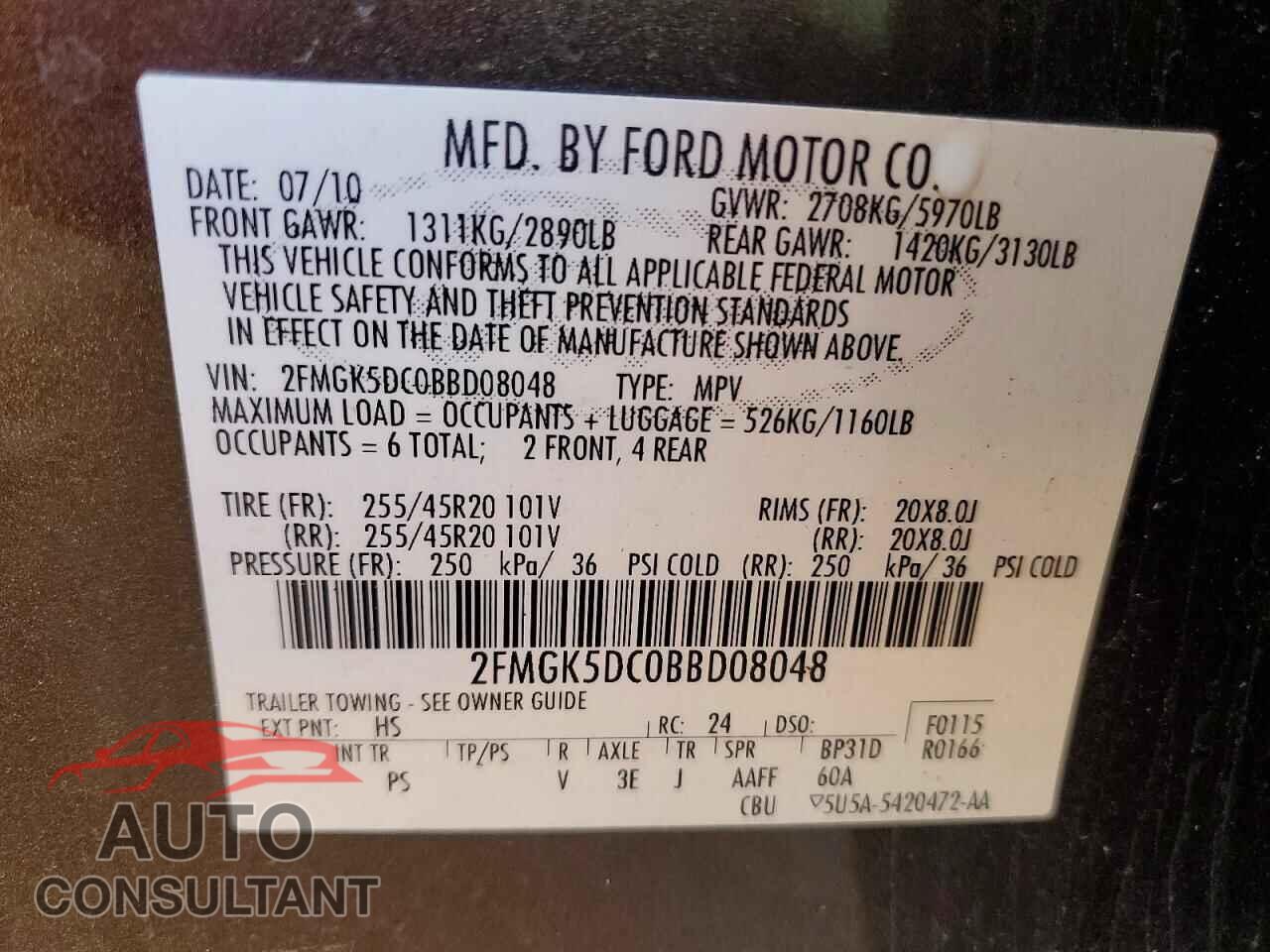 FORD FLEX 2011 - 2FMGK5DC0BBD08048