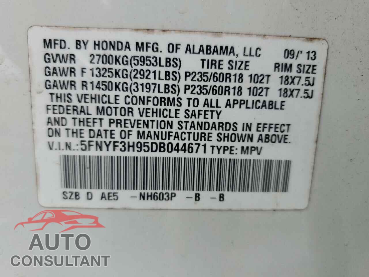 HONDA PILOT 2013 - 5FNYF3H95DB044671