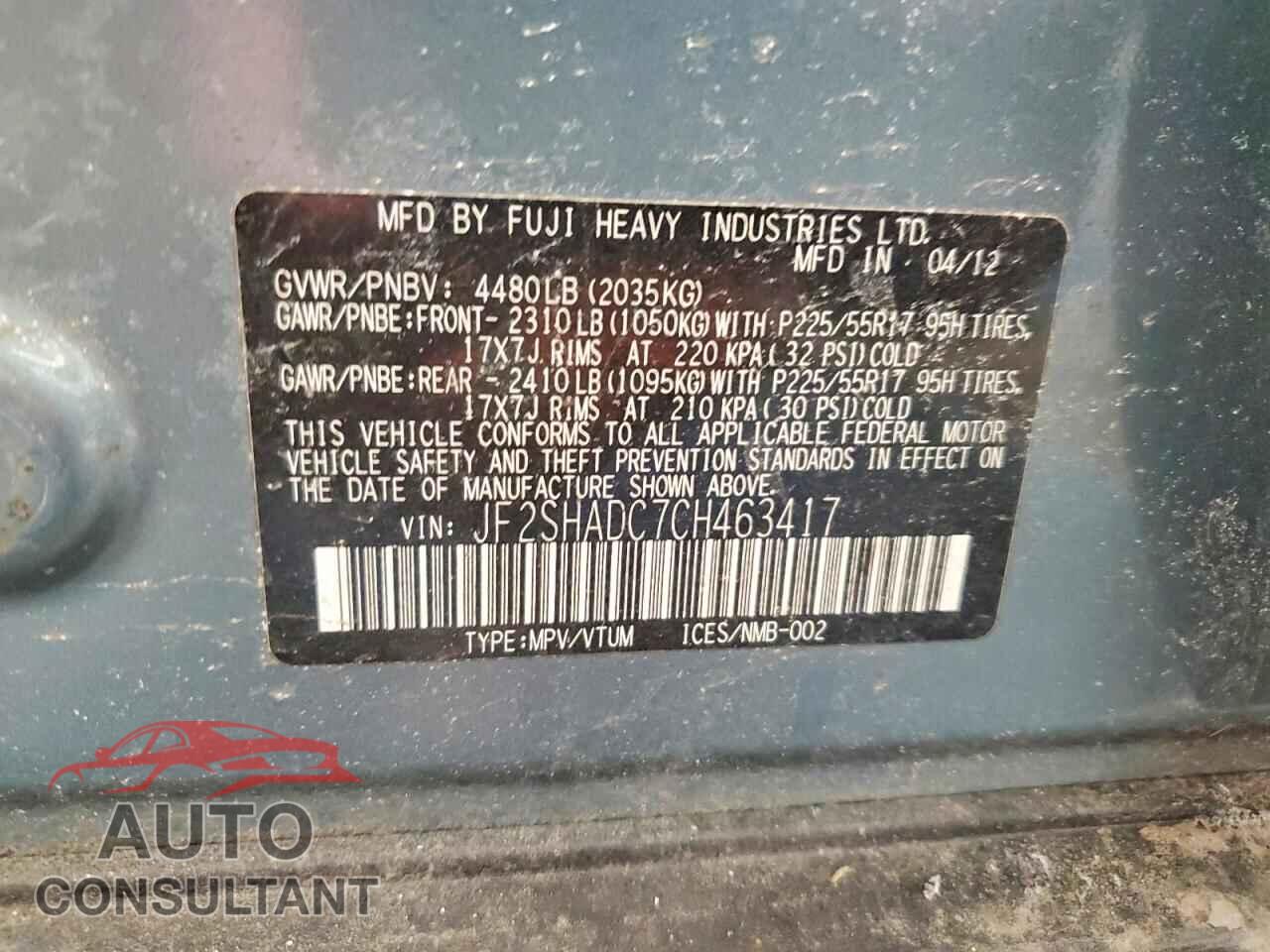 SUBARU FORESTER 2012 - JF2SHADC7CH463417