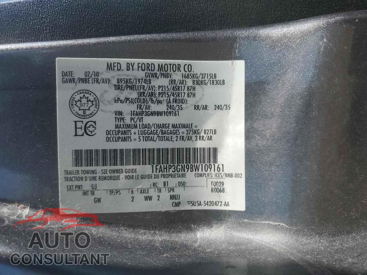 FORD FOCUS 2011 - 1FAHP3GN9BW109161
