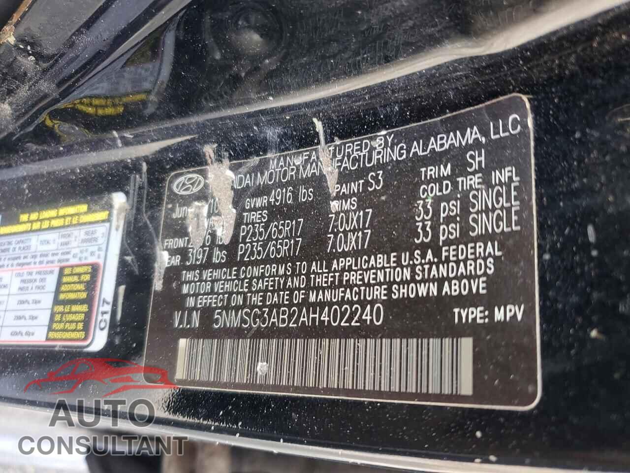 HYUNDAI SANTA FE 2010 - 5NMSG3AB2AH402240