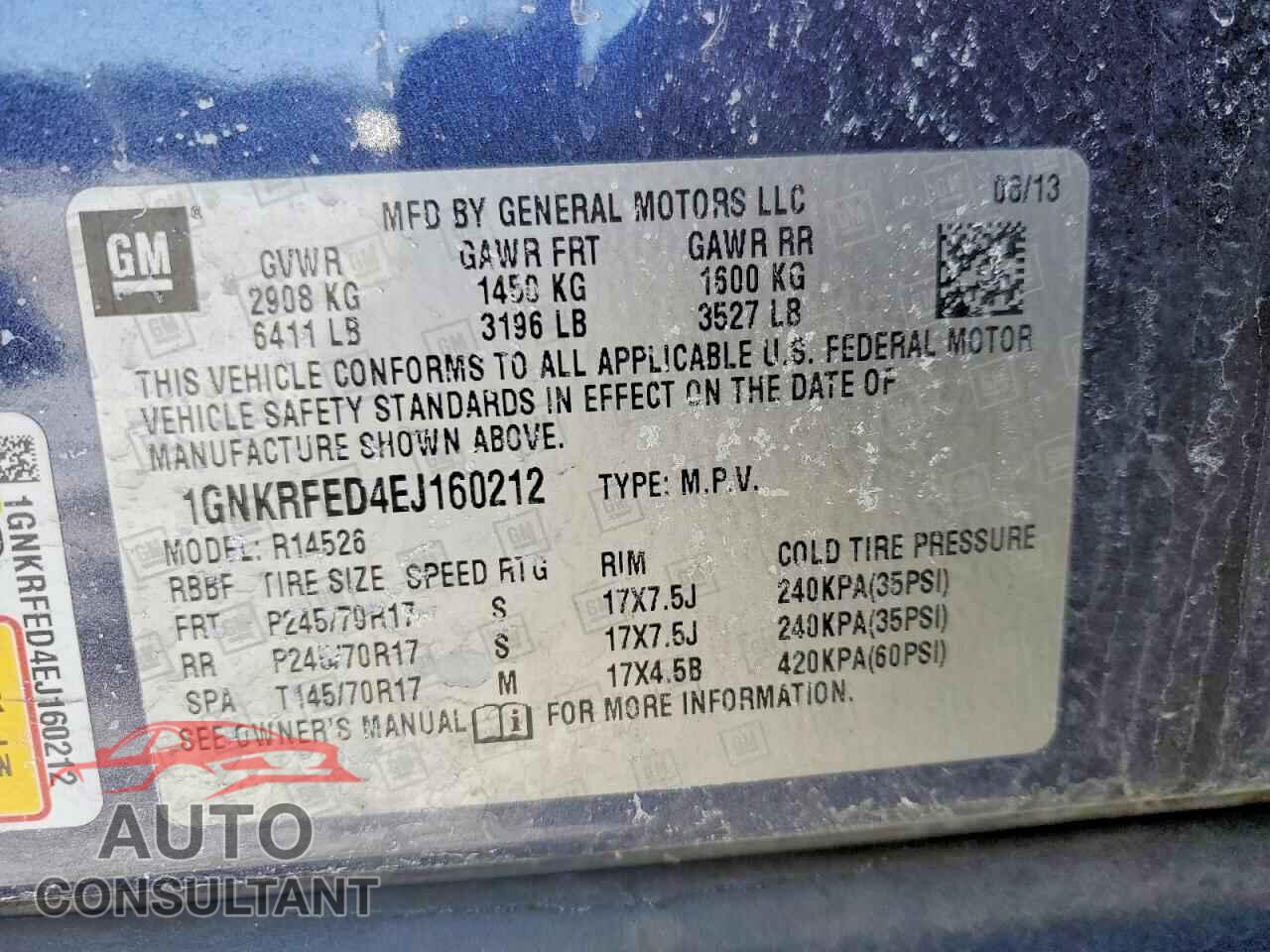 CHEVROLET TRAVERSE 2014 - 1GNKRFED4EJ160212