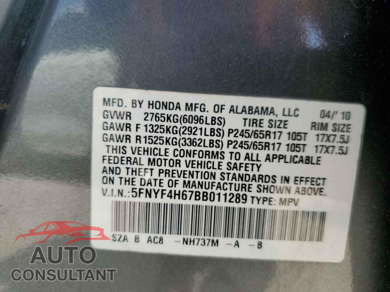 HONDA PILOT 2011 - 5FNYF4H67BB011289