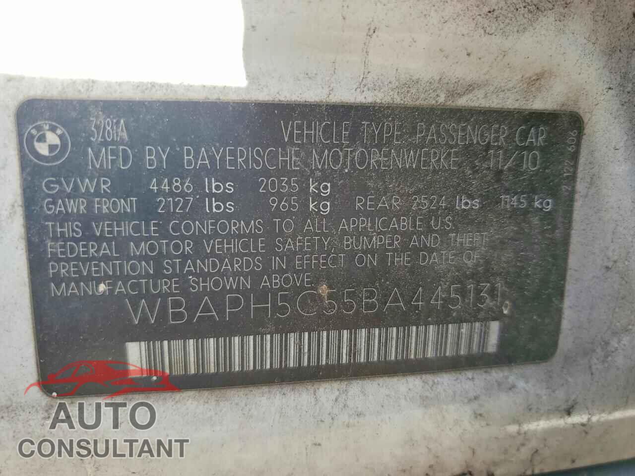 BMW 3 SERIES 2011 - WBAPH5C55BA445131