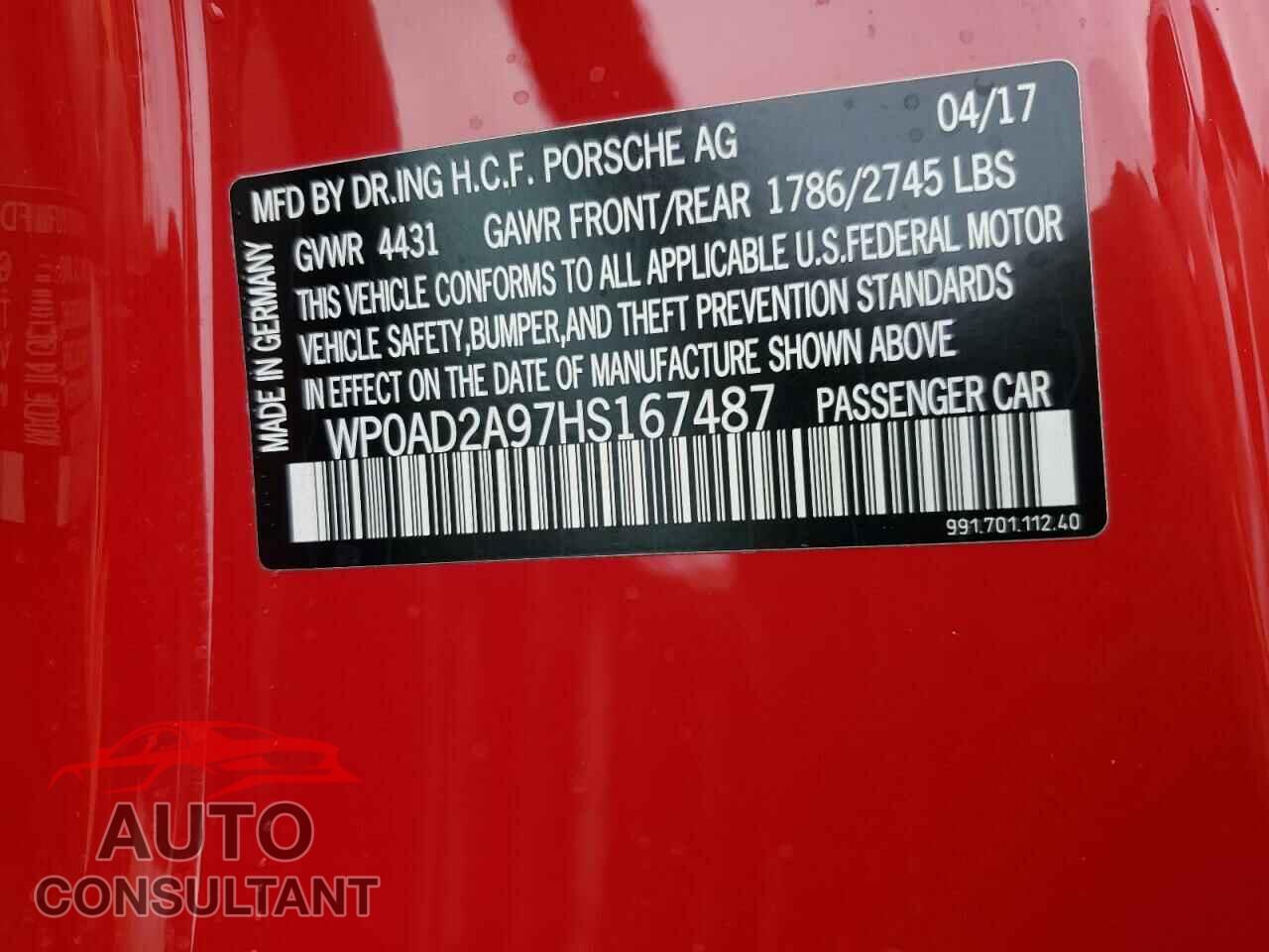 PORSCHE 911 2017 - WP0AD2A97HS167487