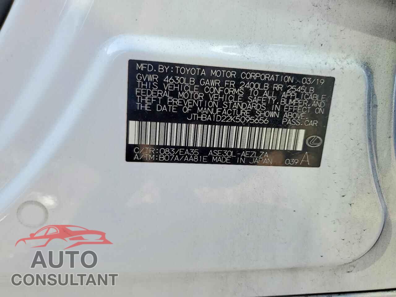 LEXUS IS 2019 - JTHBA1D22K5095656