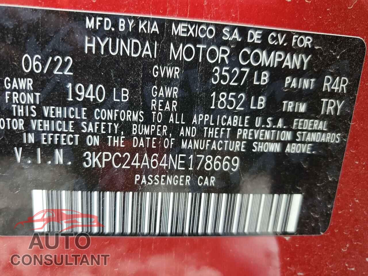 HYUNDAI ACCENT 2022 - 3KPC24A64NE178669