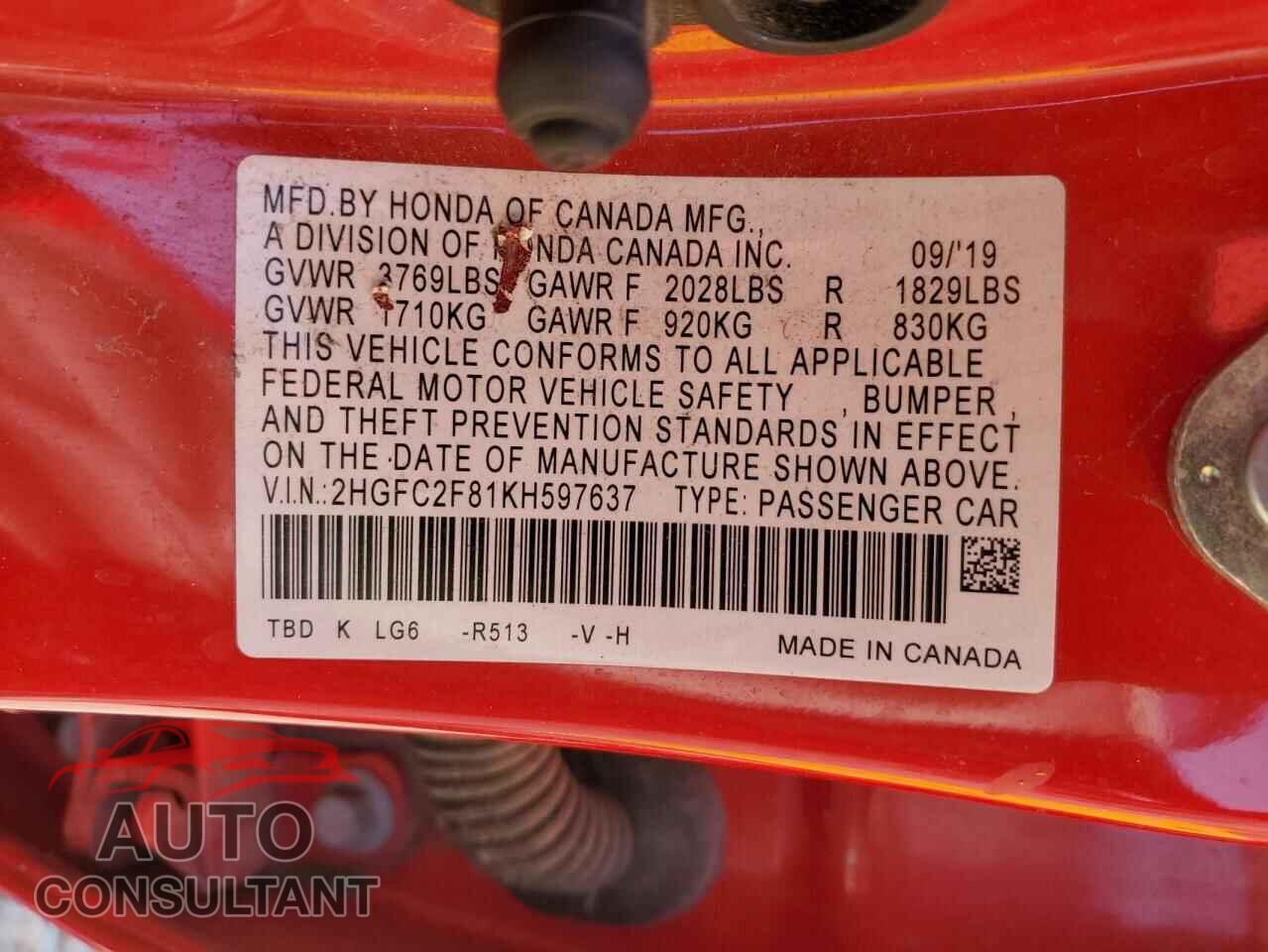 HONDA CIVIC 2019 - 2HGFC2F81KH597637