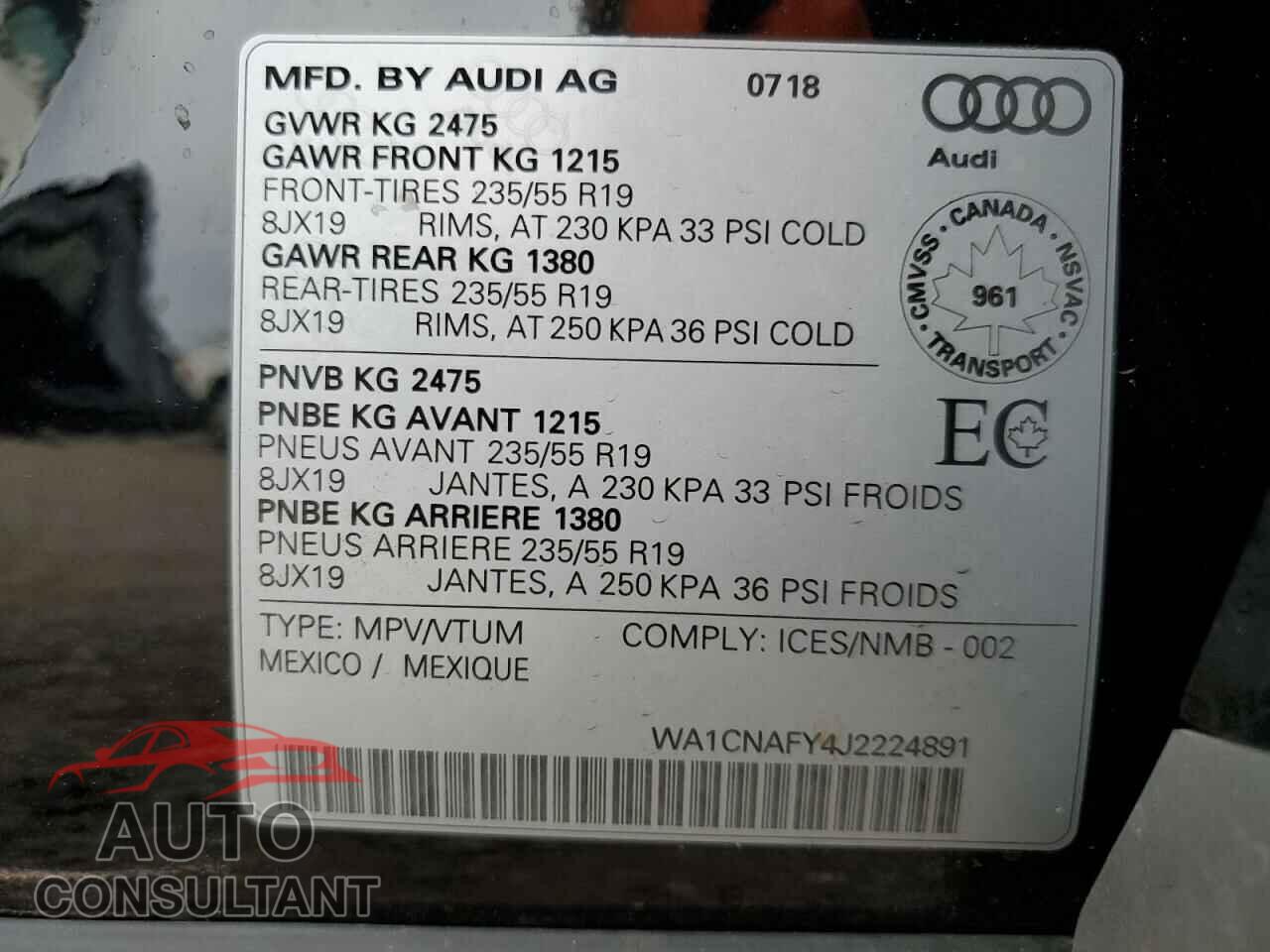 AUDI Q5 2018 - WA1CNAFY4J2224891