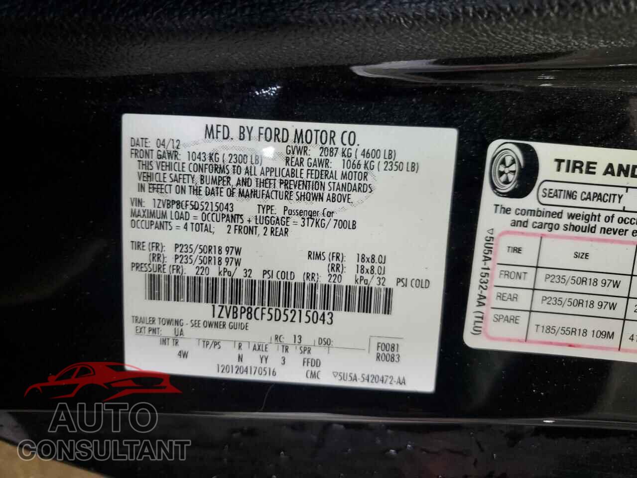 FORD MUSTANG 2013 - 1ZVBP8CF5D5215043