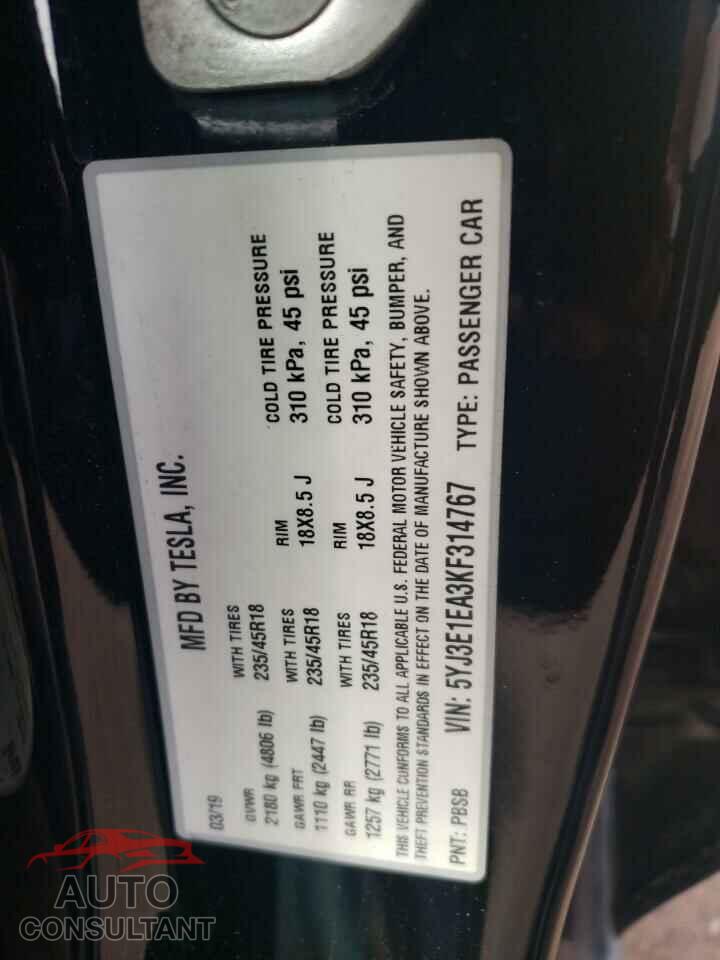 TESLA MODEL 3 2019 - 5YJ3E1EA3KF314767