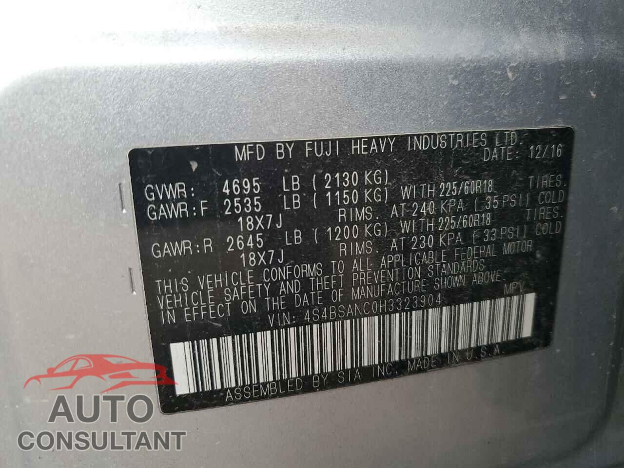 SUBARU OUTBACK 2017 - 4S4BSANC0H3323904