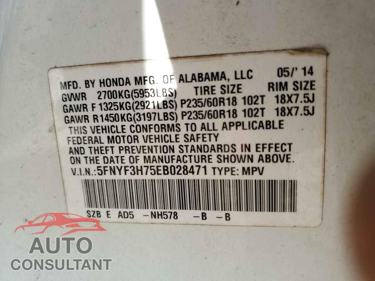 HONDA PILOT 2014 - 5FNYF3H75EB028471
