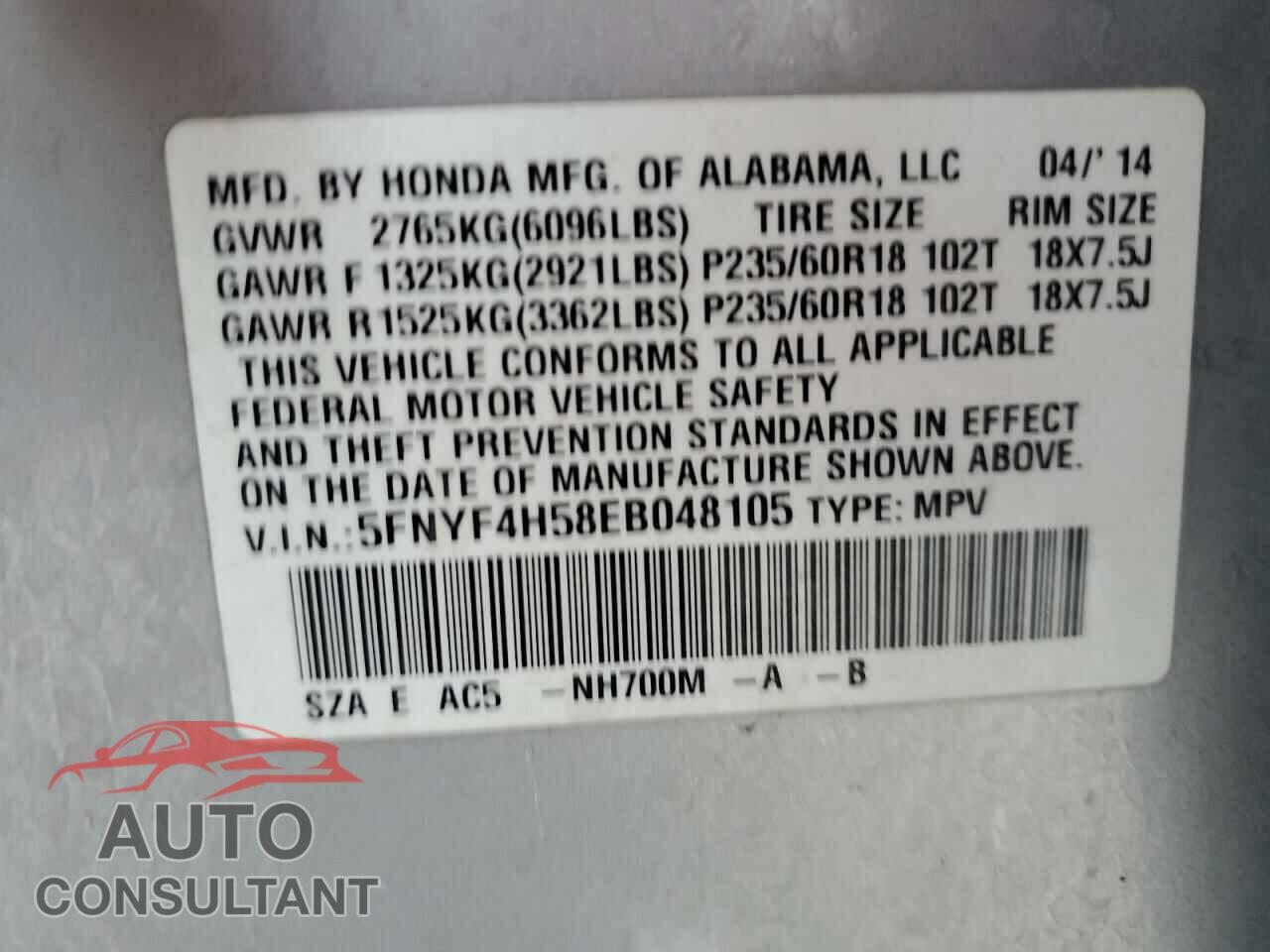 HONDA PILOT 2014 - 5FNYF4H58EB048105