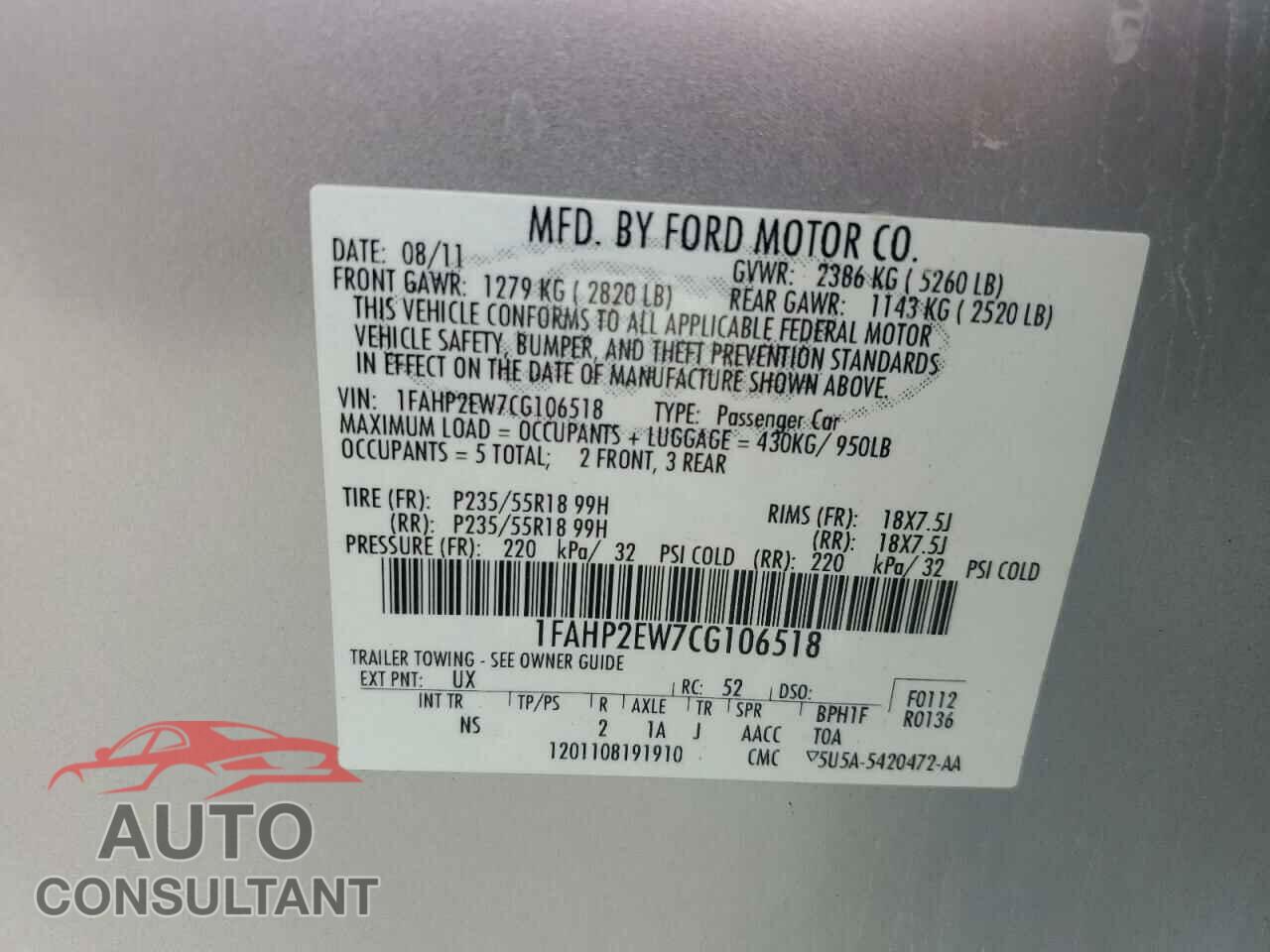 FORD TAURUS 2012 - 1FAHP2EW7CG106518