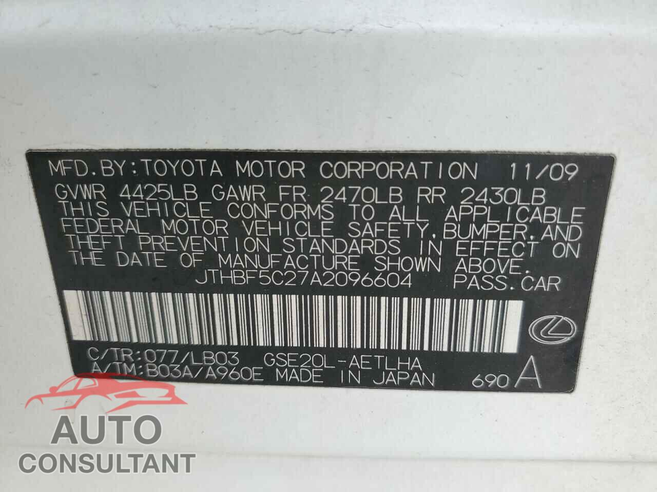 LEXUS IS 2010 - JTHBF5C27A2096604
