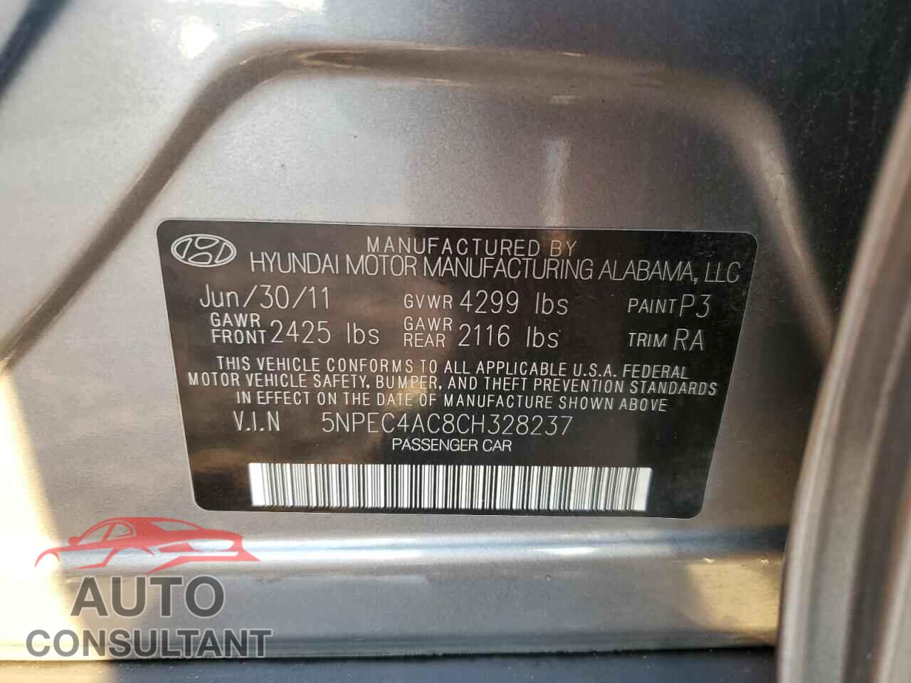 HYUNDAI SONATA 2012 - 5NPEC4AC8CH328237