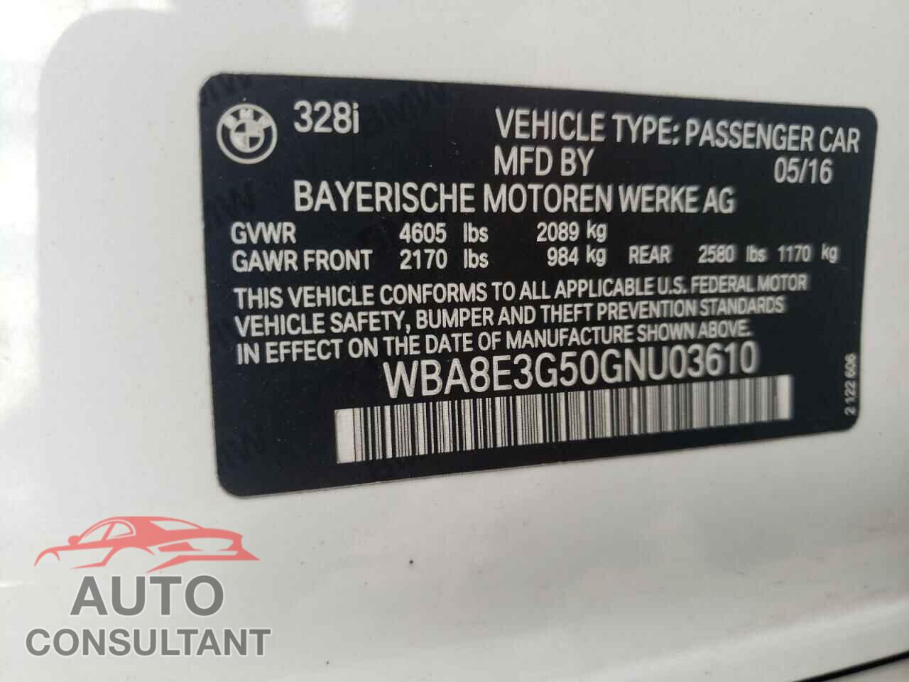 BMW 3 SERIES 2016 - WBA8E3G50GNU03610