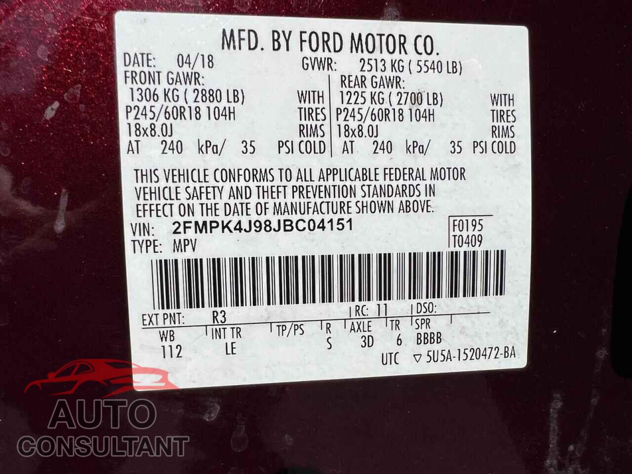 FORD EDGE 2018 - 2FMPK4J98JBC04151