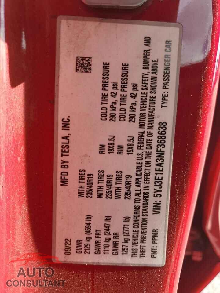 TESLA MODEL 3 2022 - 5YJ3E1EA3NF368638