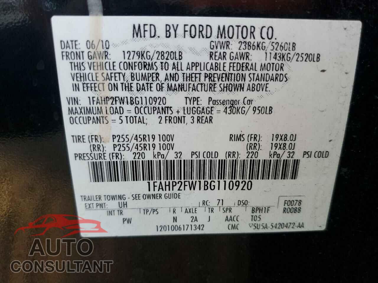 FORD TAURUS 2011 - 1FAHP2FW1BG110920